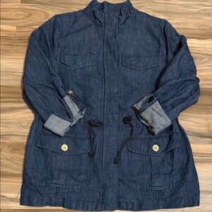 Talbots Mock Collar Jean Jacket Women's Size S Utility Jacket Zip Front Roll Tab